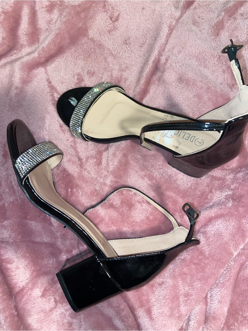 Black Rhinestone Block Heel Sandals - - Picture 2 of 2